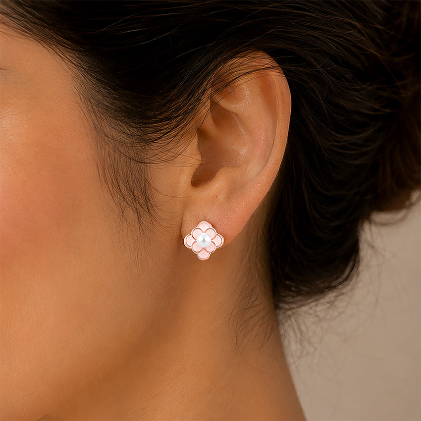 Rose Gold Pink Enamel Flower Pearl Earrings