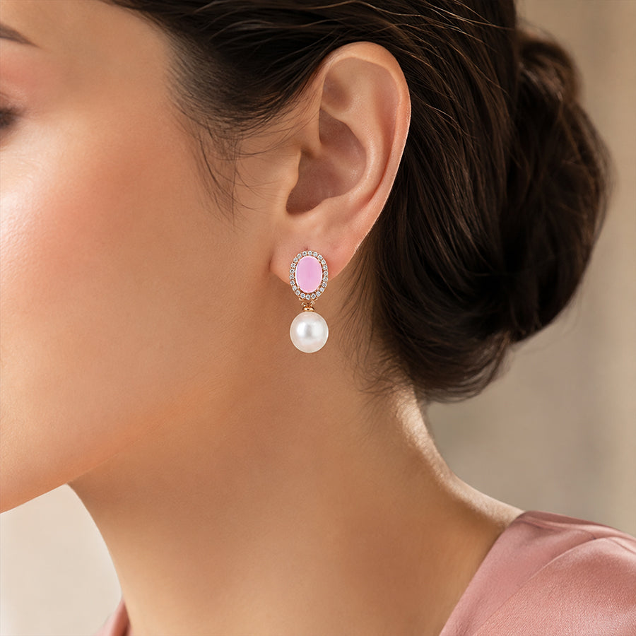 Rose Gold Pink Quartz Pearl Drop Earrings