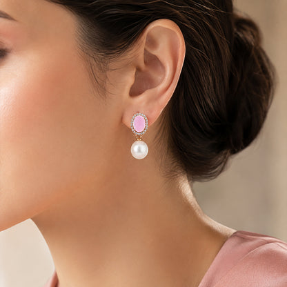 Rose Gold Pink Quartz Pearl Drop Earrings