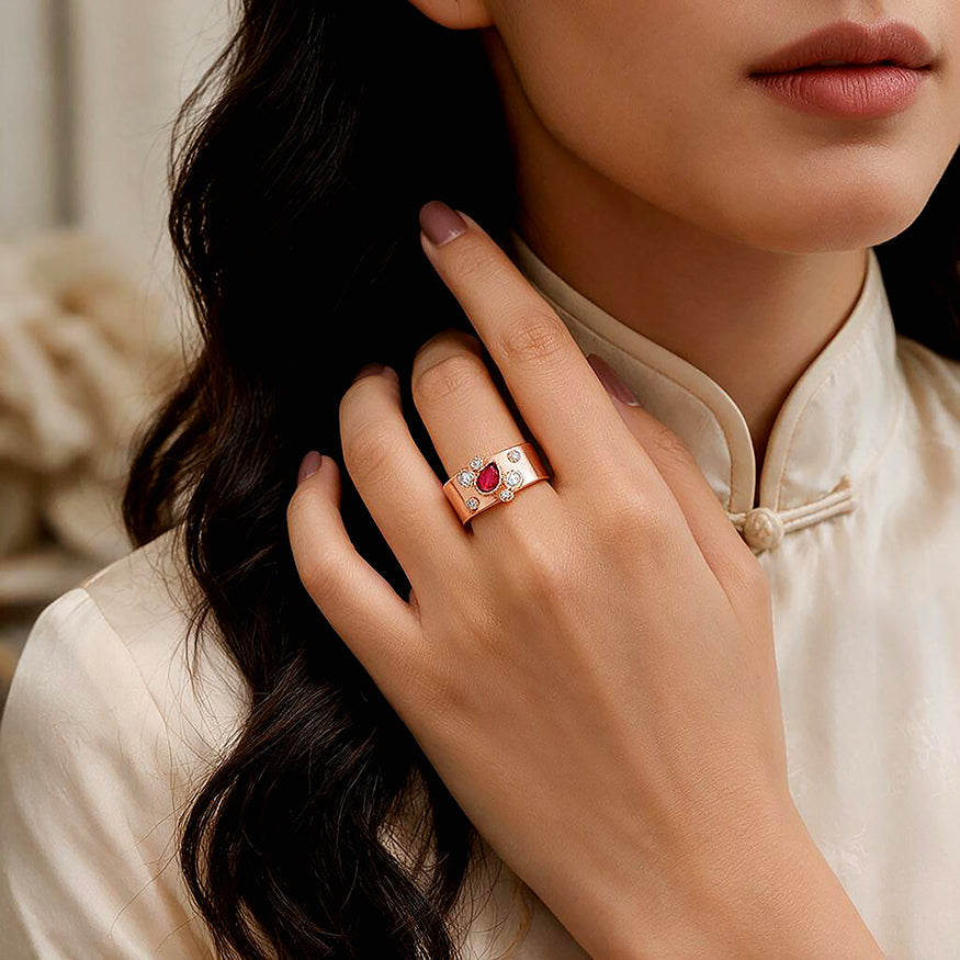 Rose Gold Ruby Pear Sterling Silver Band Ring