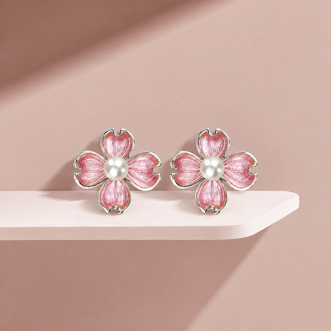 Rose Tinted Clover Flower Rhodium Plated Studs