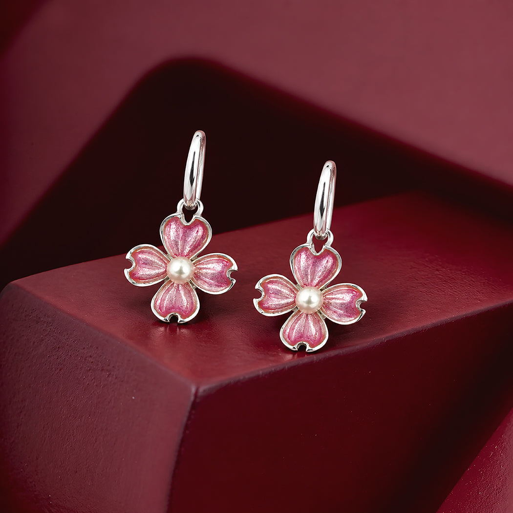 Rose Tinted Rhodium Plated Clover Flower Hook Earrings