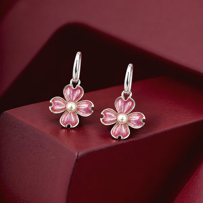 Rose Tinted Rhodium Plated Clover Flower Hook Earrings