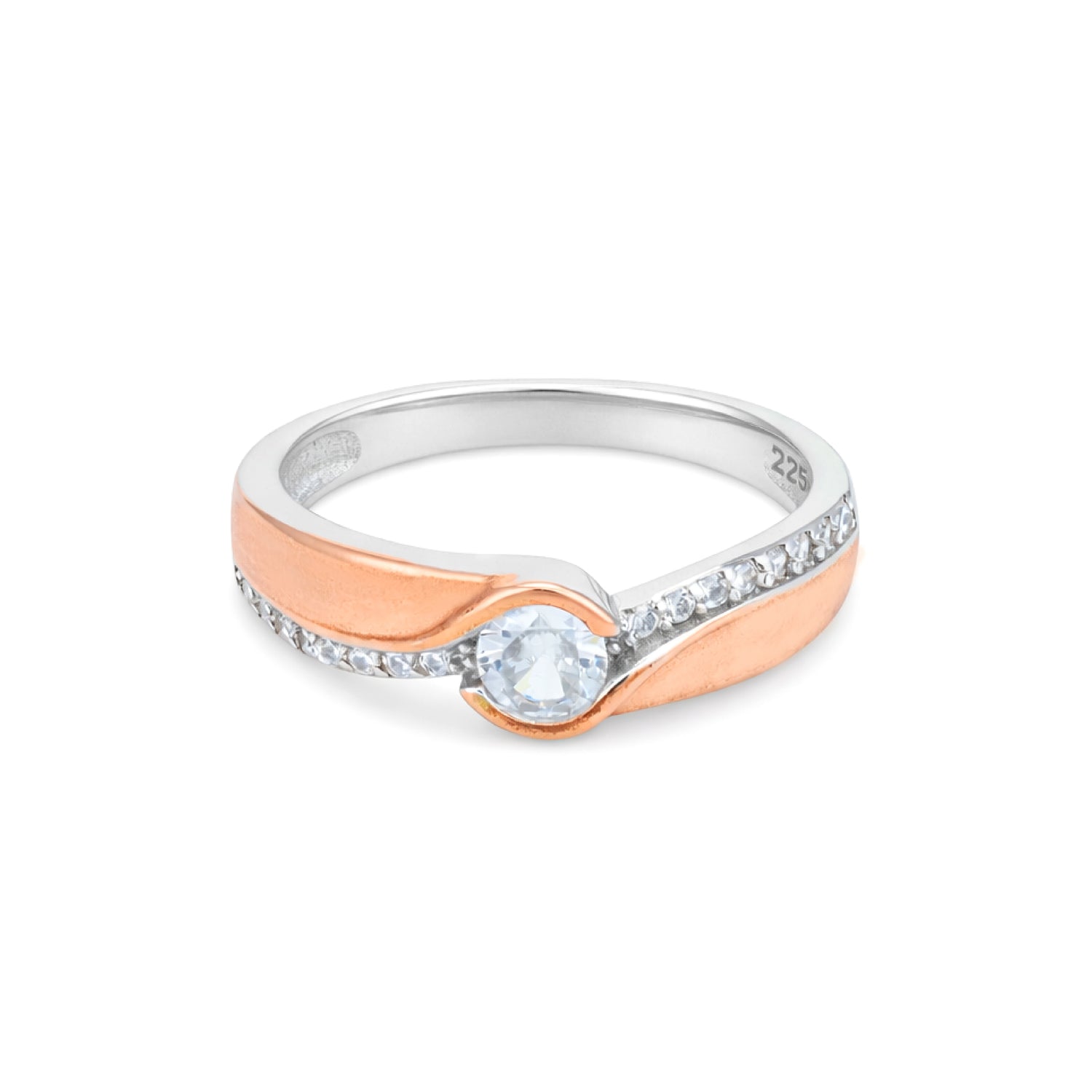 Two-tone ring with a central gemstone on a white background