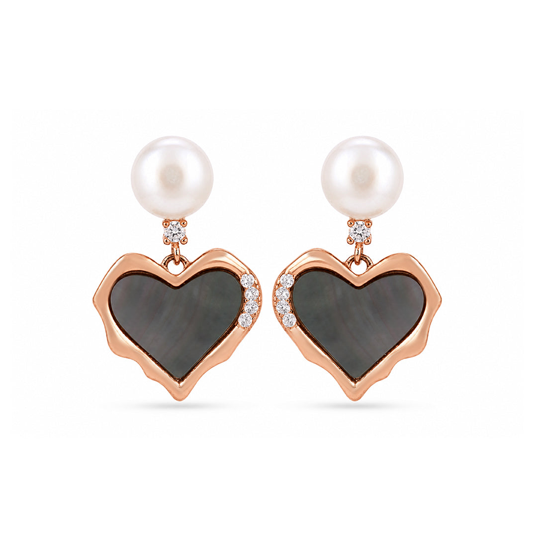 Rose Gold Pearl Black Shell Silver Heart Earrings