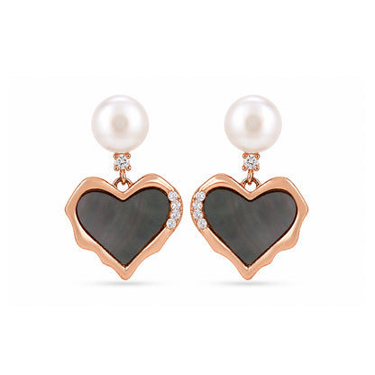 Rose Gold Pearl Black Shell Silver Heart Earrings