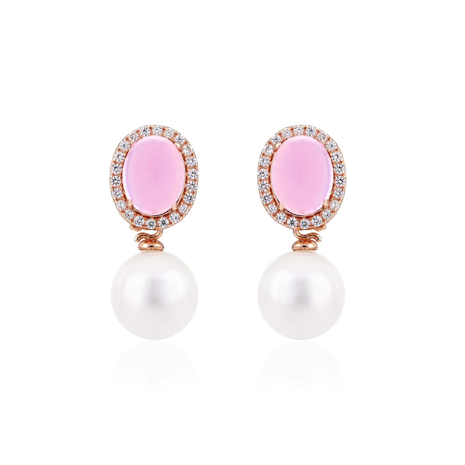 Rose Gold Pink Quartz Pearl Drop Earrings