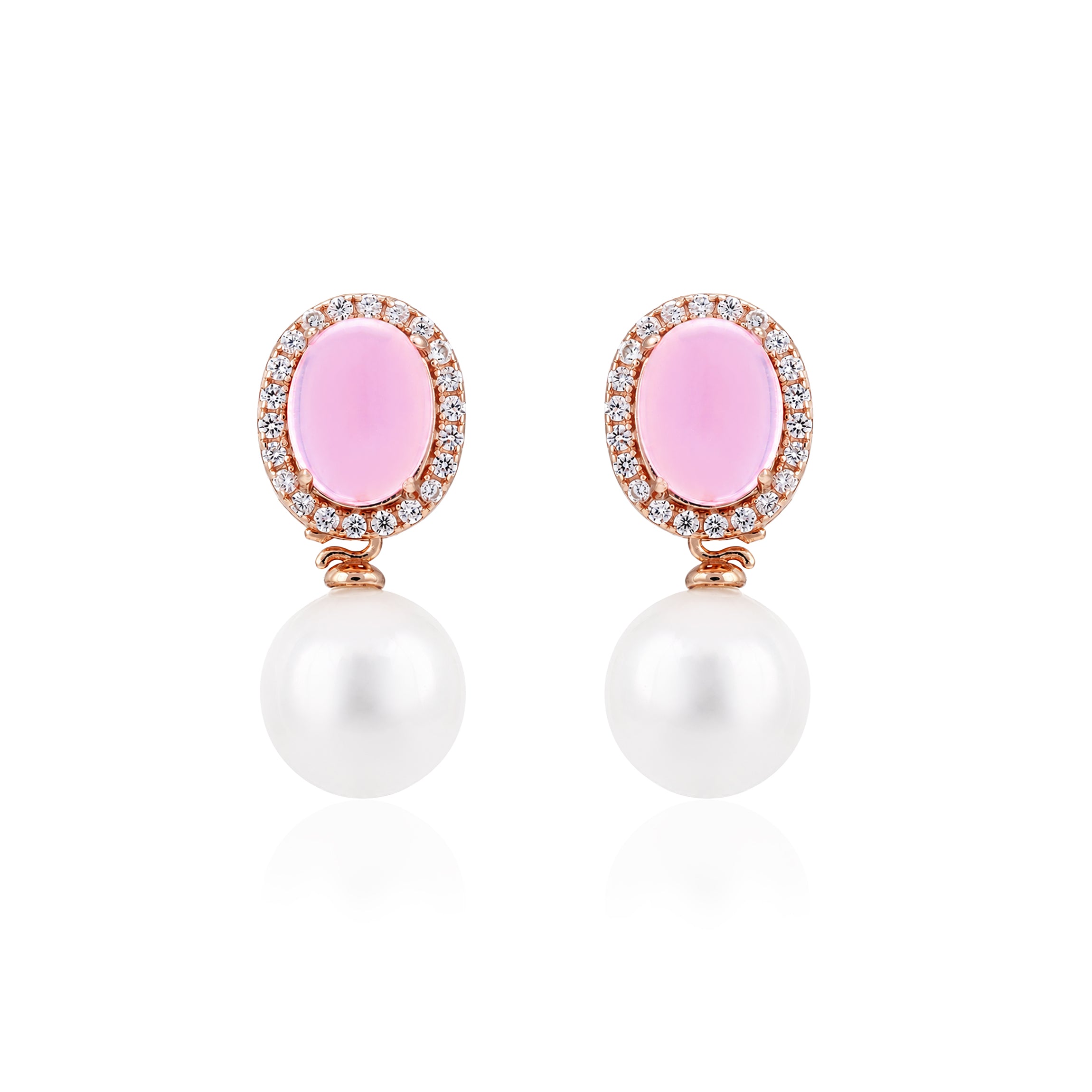 Rose Gold Pink Quartz Pearl Drop Earrings