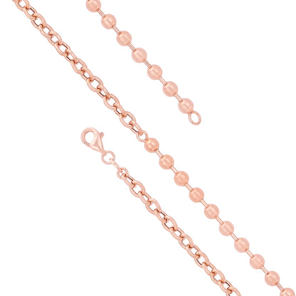 Rose Gold Chain and Bead Link 925 Sterling Silver Bracelet for Women 