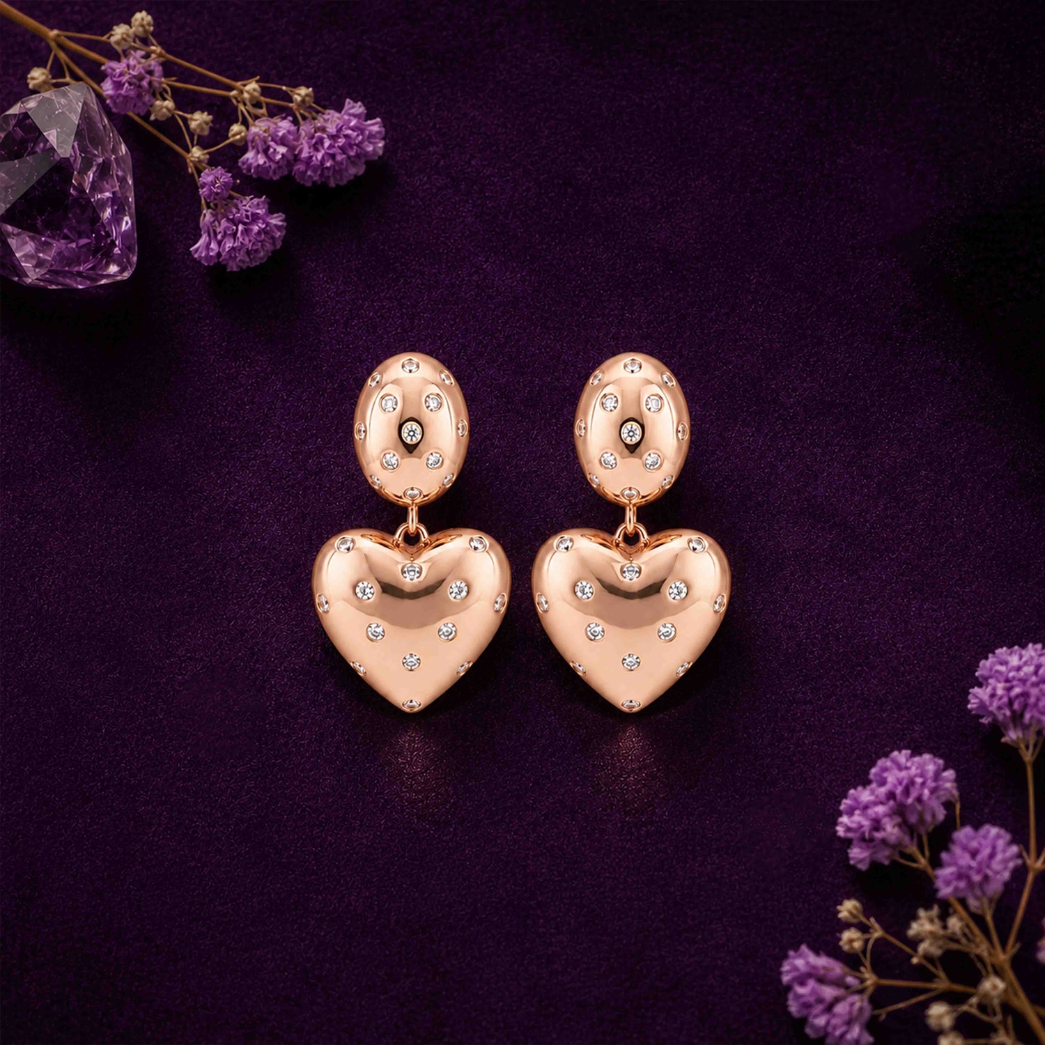 Rose Gold Crystal Starry Heart Silver Drop Earrings