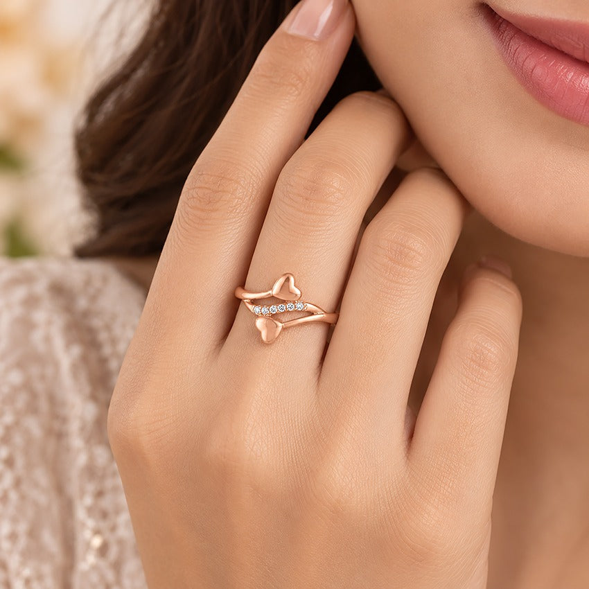 Rose Gold Double Heart Bypass Silver Ring