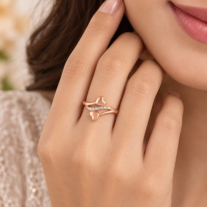 Rose Gold Double Heart Bypass Silver Ring