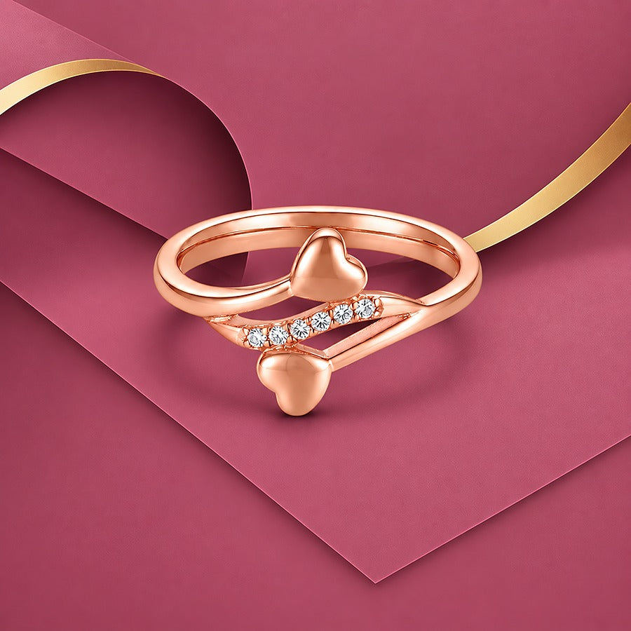 Rose Gold Double Heart Bypass Silver Ring