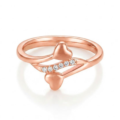 Rose Gold Double Heart Bypass Silver Ring