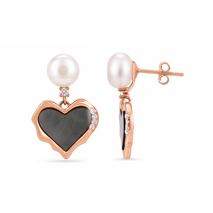 Rose Gold Pearl Black Shell Silver Heart Earrings