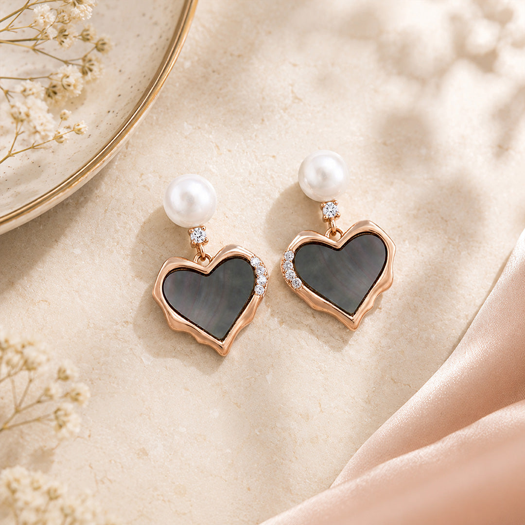 Rose Gold Pearl Black Shell Silver Heart Earrings
