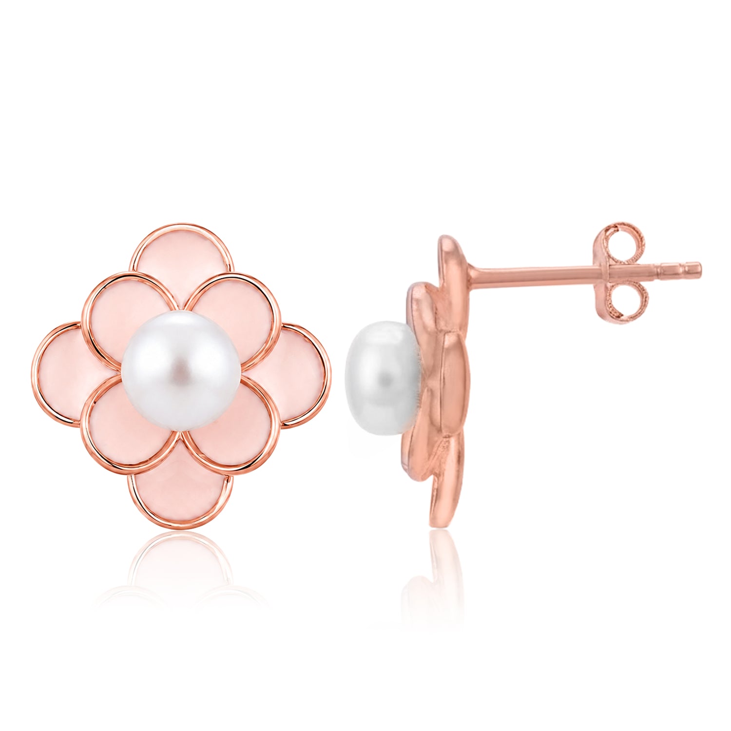 Rose Gold Pink Enamel Flower Pearl Earrings