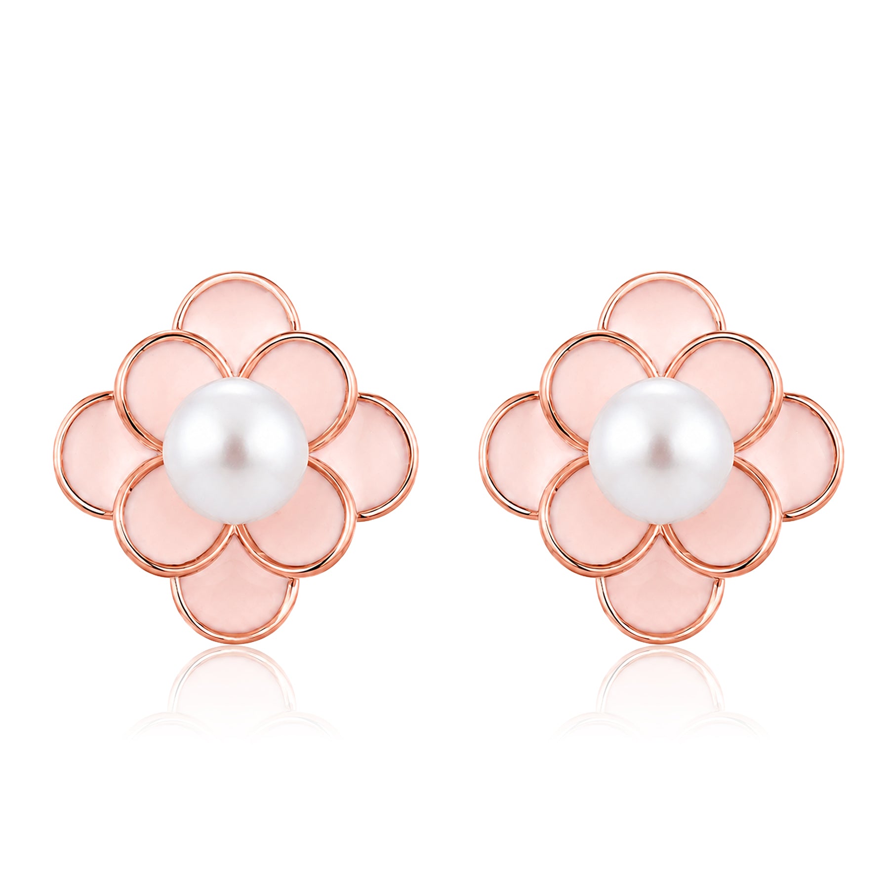 Rose Gold Pink Enamel Flower Pearl Earrings