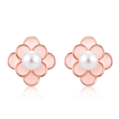 Rose Gold Pink Enamel Flower Pearl Earrings