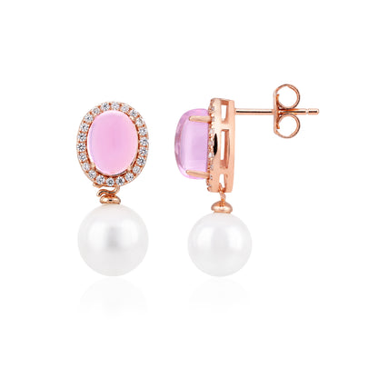 Rose Gold Pink Quartz Pearl Drop Earrings