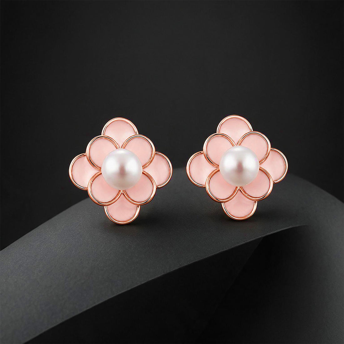 Rose Gold Pink Enamel Flower Pearl Earrings