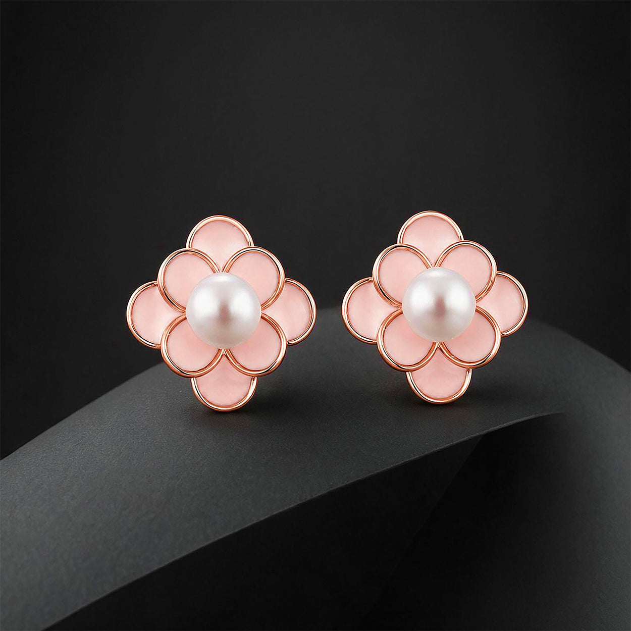 Rose Gold Pink Enamel Flower Pearl Earrings