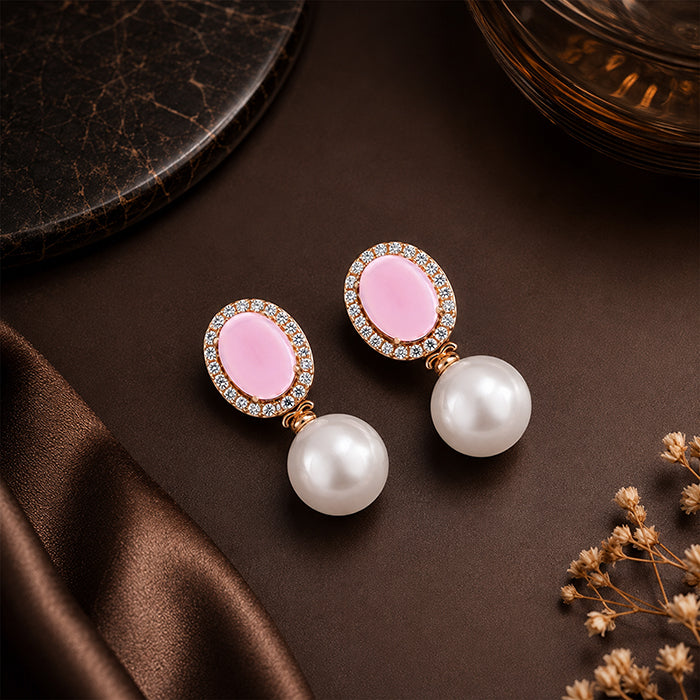 Rose Gold Pink Quartz Pearl Drop Earrings