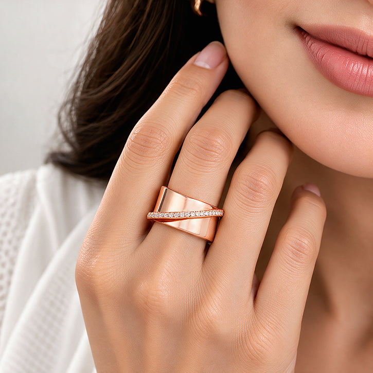 Rose Gold Wave Wide Band 925 Sterling Silver Ring for Women