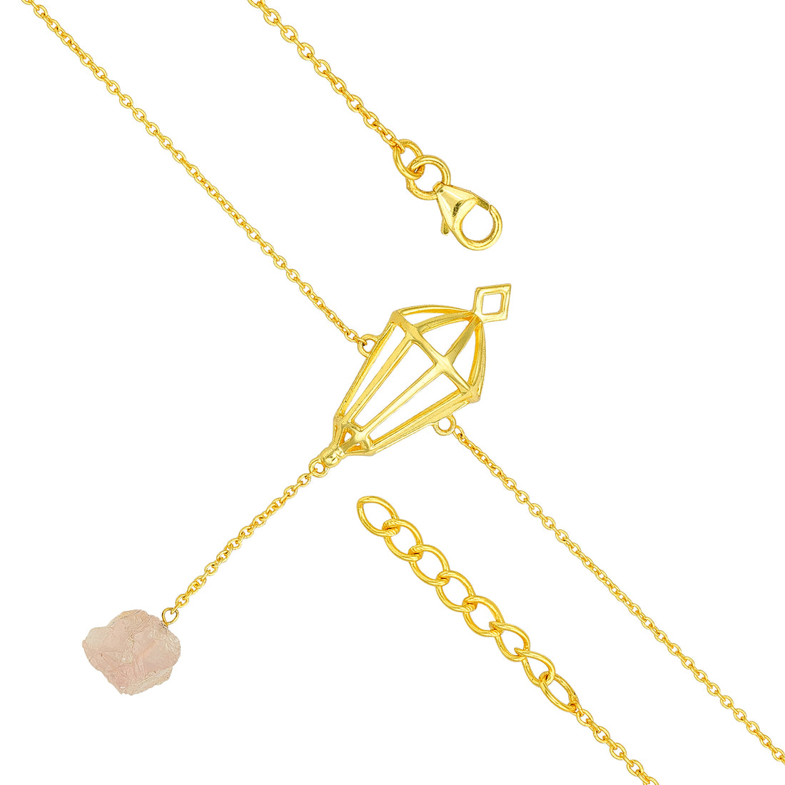 Gold necklace with a diamond-shaped pendant and pink stone on a white background