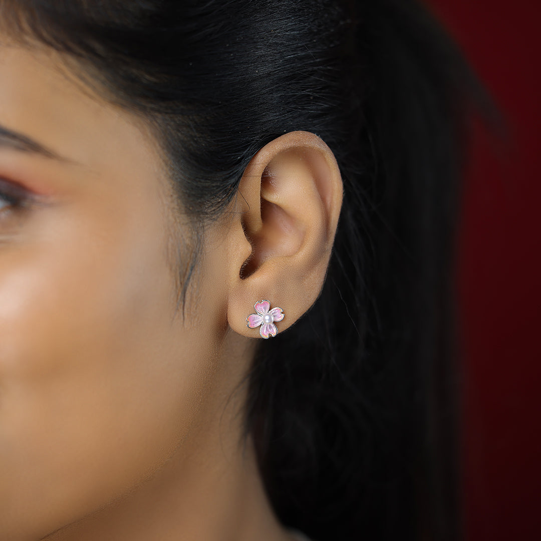 Rose Tinted Rhodium Plated Clover Flower Rhodium Plated Studs