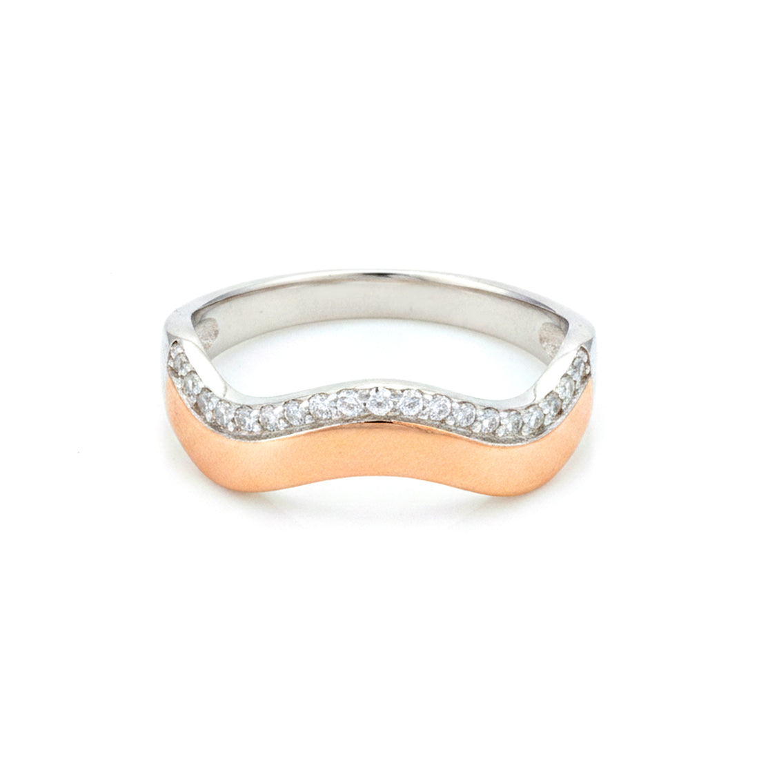 Two-tone ring with a wavy design and small diamonds on a white background