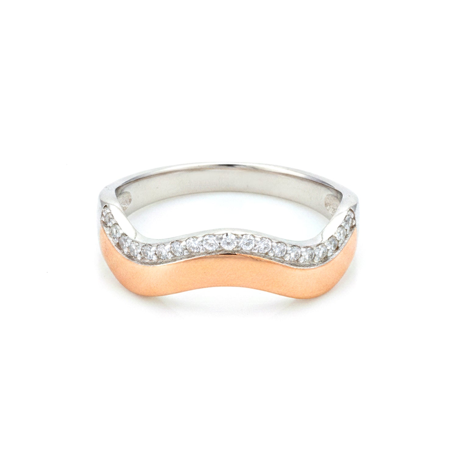 Two-tone ring with a wavy design and small diamonds on a white background