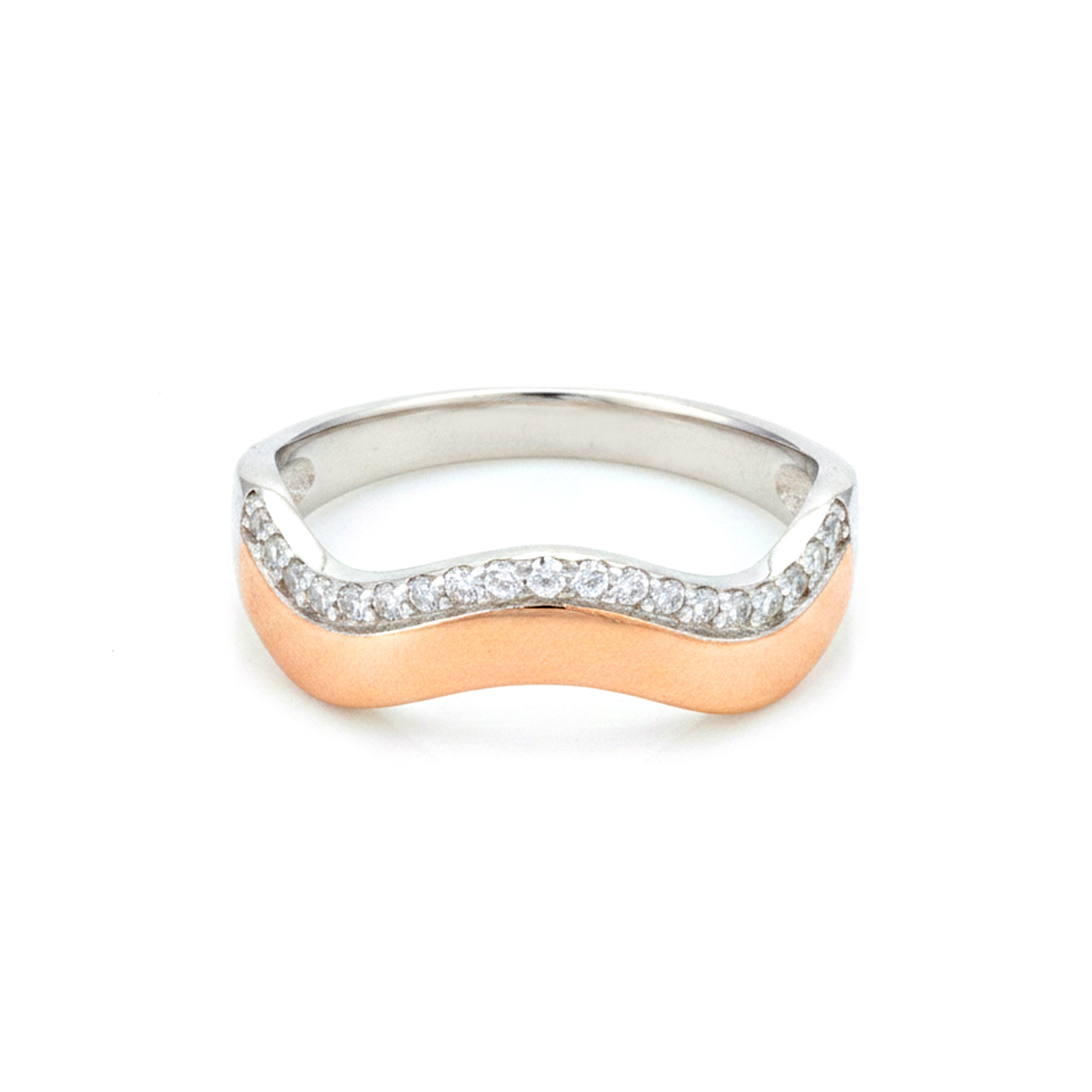 Two-tone ring with a wavy design and small diamonds on a white background