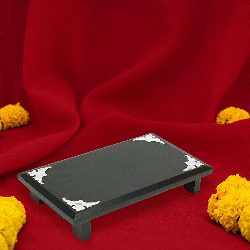 925 Rosewood Rectangle Peeda With Floral Silver Border For Pooja