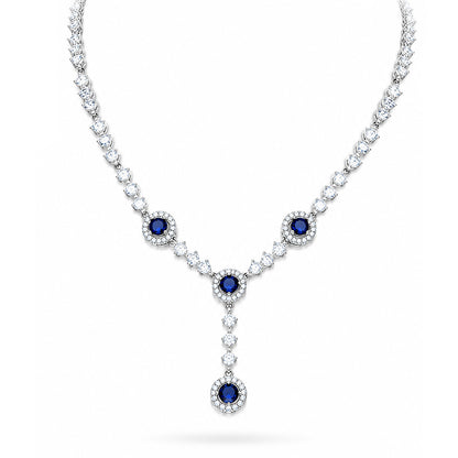 Royal Blue Cluster Stone Drop 925 Sterling Silver Necklace for Women