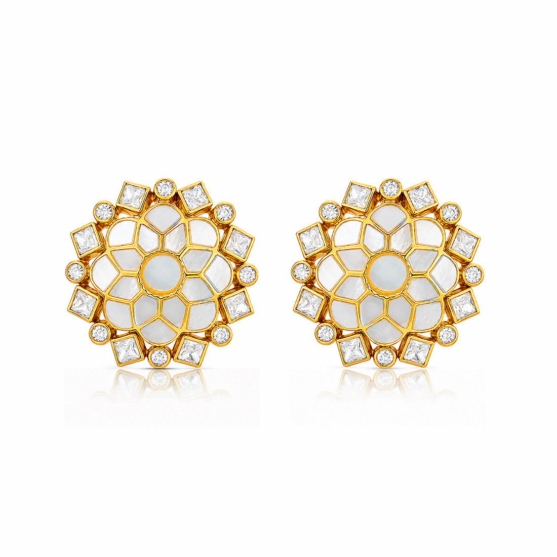 Royal Ivory Polki 925 Sterling Silver Floral Stud Earrings