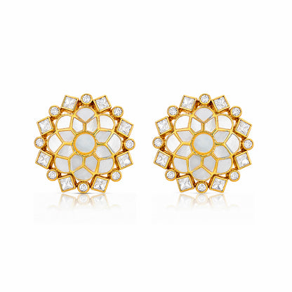 Royal Ivory Polki 925 Sterling Silver Floral Stud Earrings