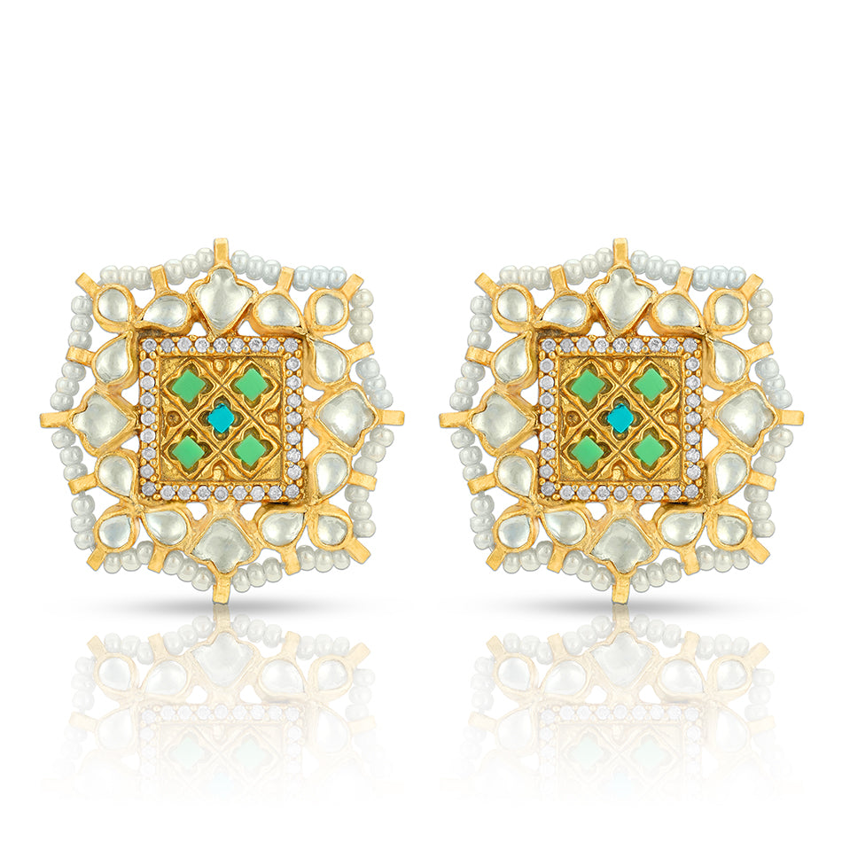 Royal Kundan Square 925 Sterling Silver Earrings