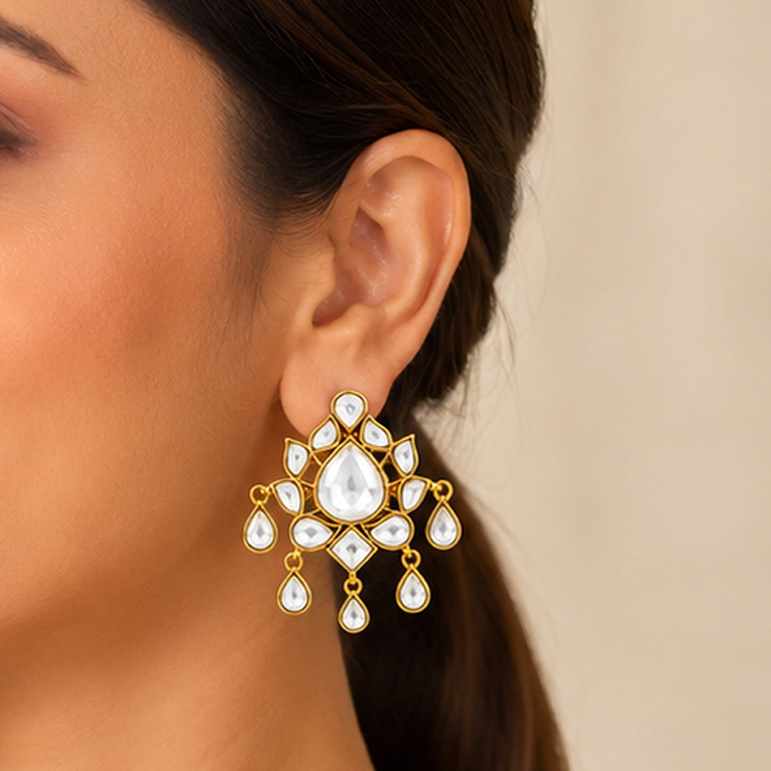 Royal Kundan Cascade 925 Sterling Silver Designer Earrings