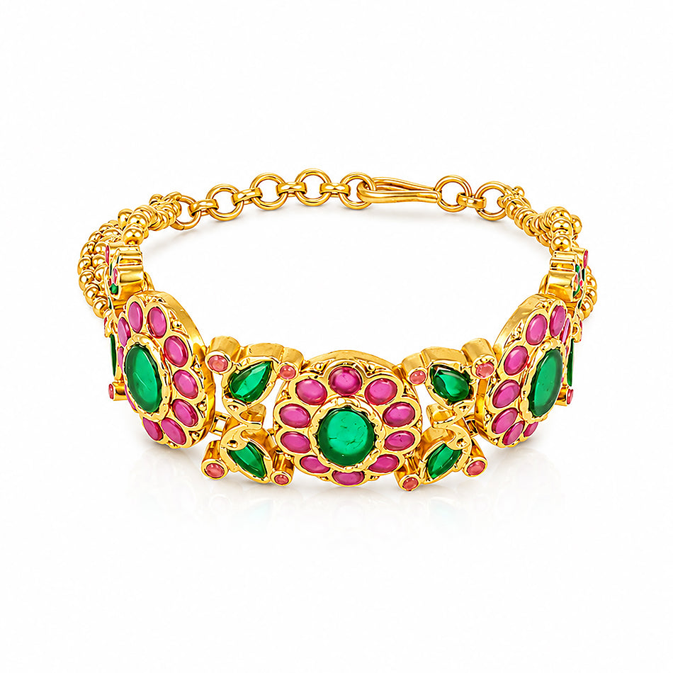 Royal Kundan Floral Pink Green Gold Silver Plated Bracelet
