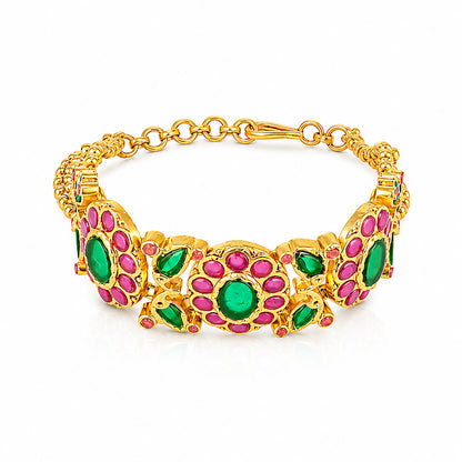 Royal Kundan Floral Pink Green Gold Silver Plated Bracelet