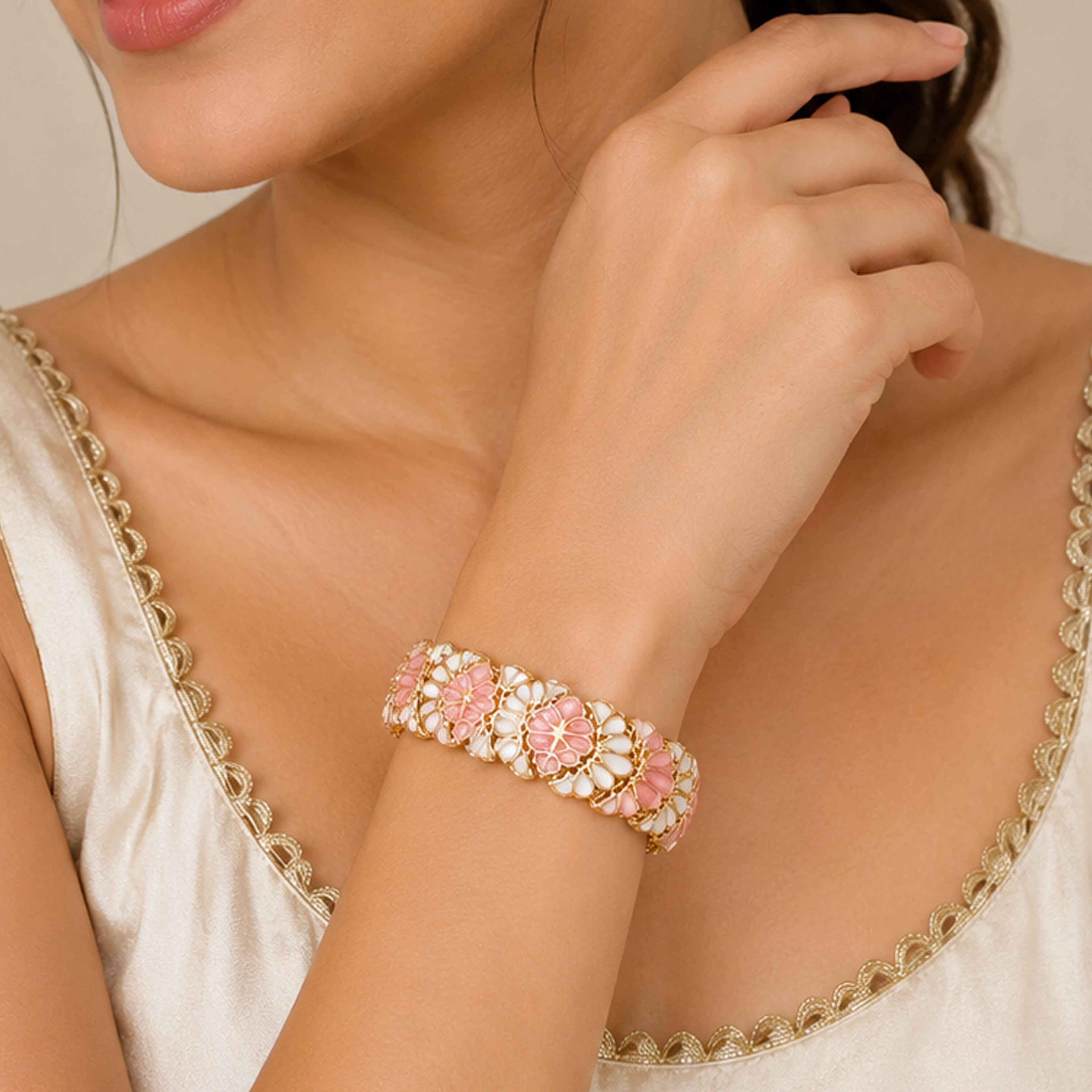 Royal Kundan Meenakari Pastel Pink Gold Plated Bracelet