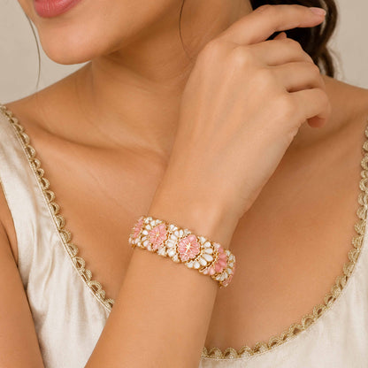 Royal Kundan Meenakari Pastel Pink Gold Plated Bracelet
