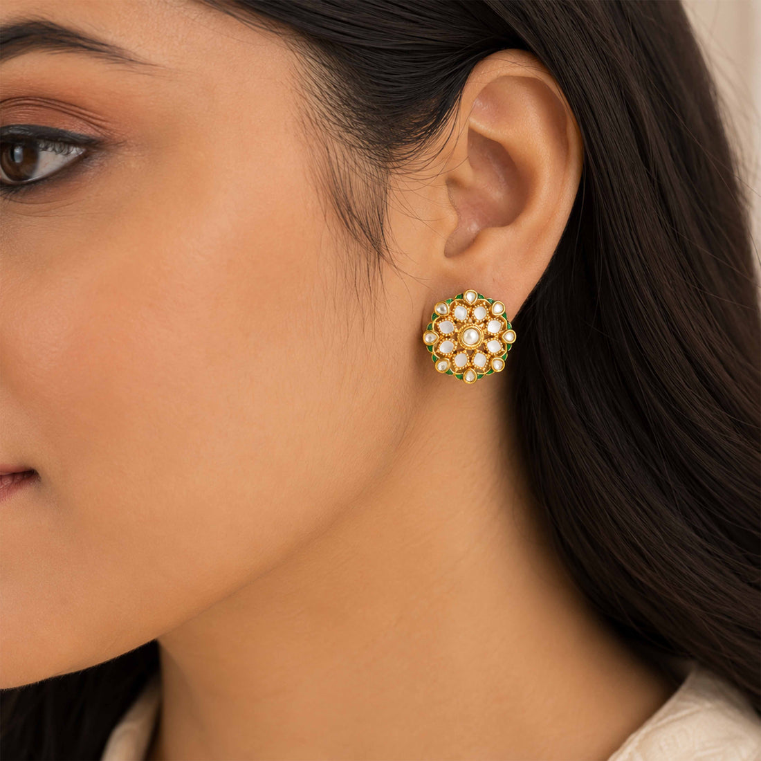 Royal Kundan Silver Floral Stud Earrings