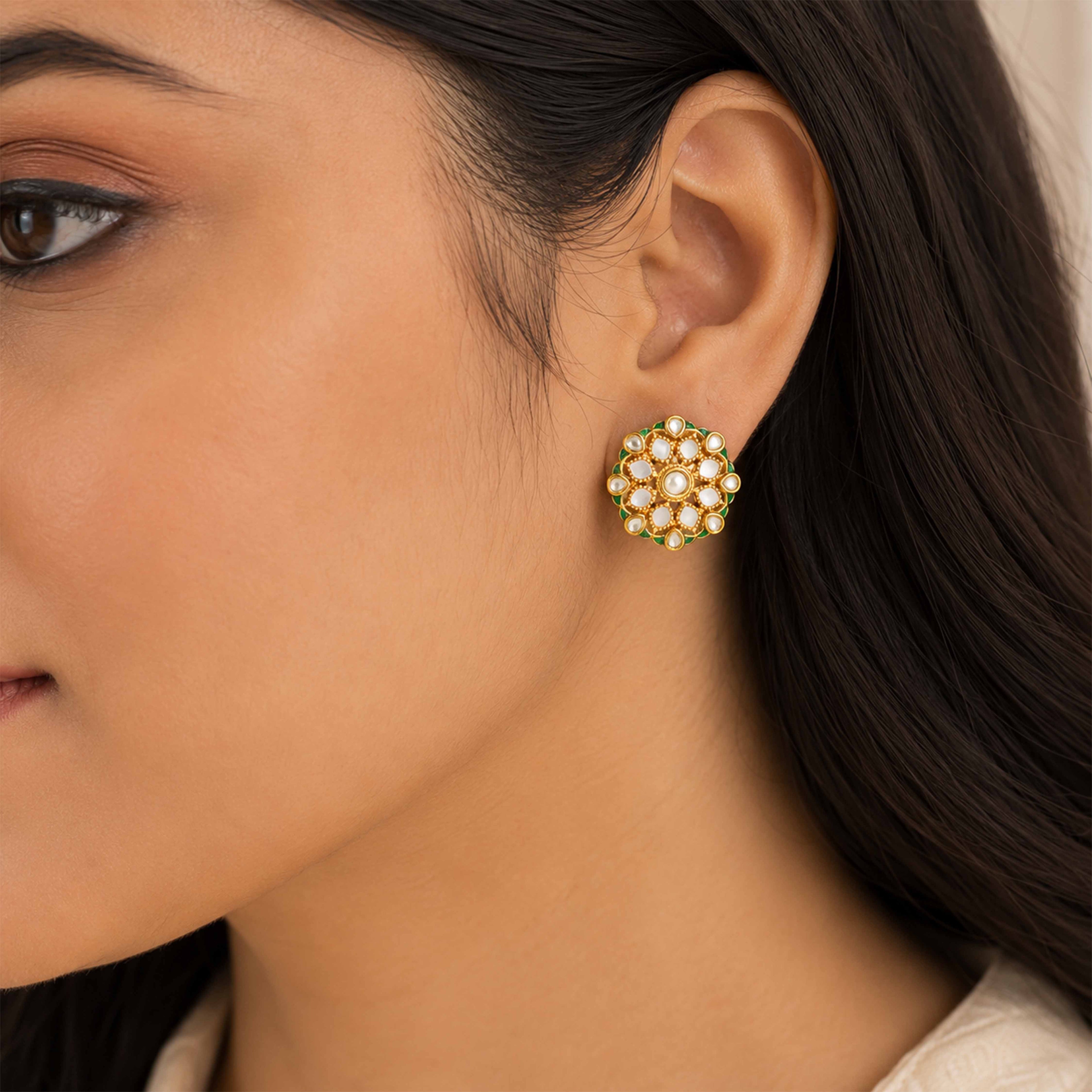 Royal Kundan Silver Floral Stud Earrings
