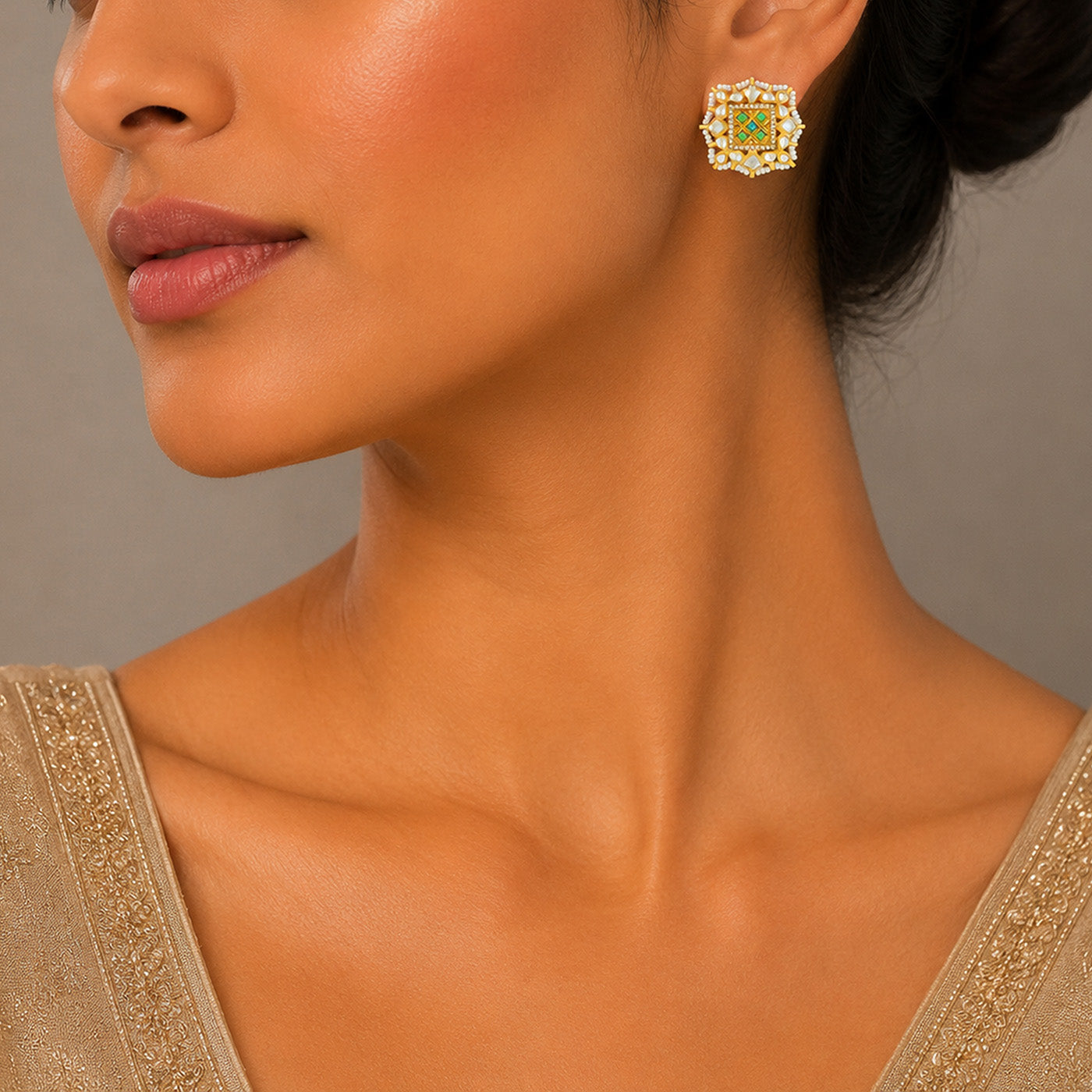 Royal Kundan Square 925 Sterling Silver Earrings