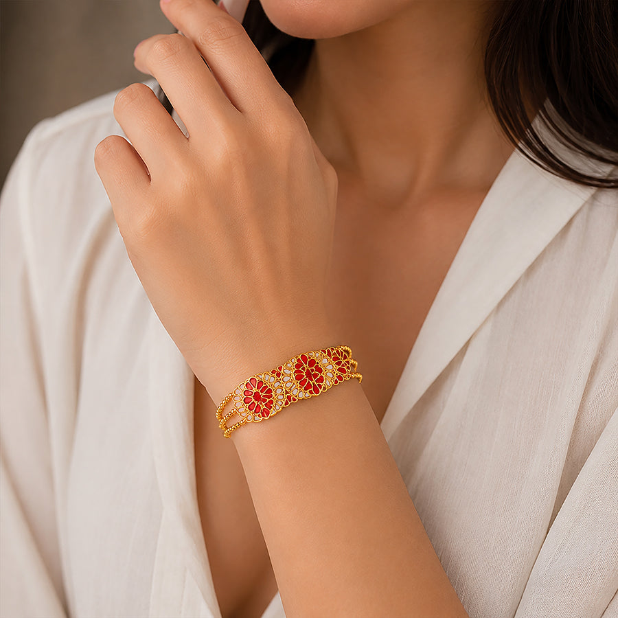 Royal Meenakari Floral Red White Gold Silver Plated Bracelet