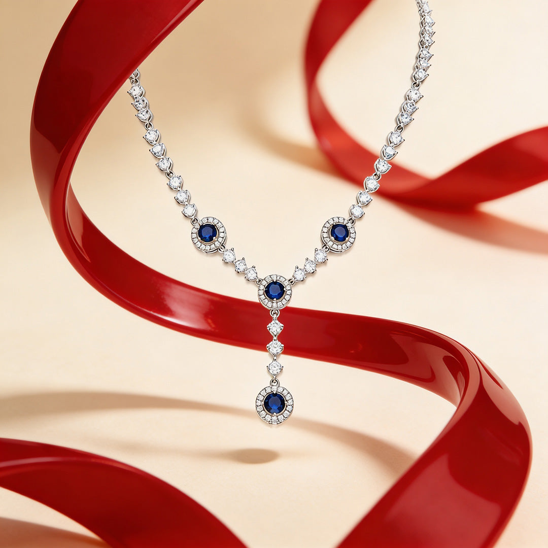 Royal Blue Cluster Stone Drop 925 Sterling Silver Necklace for Women