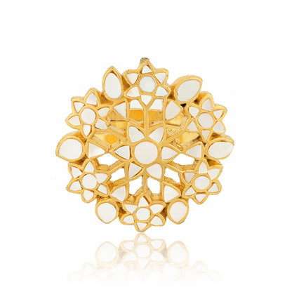 Royal Filigree Marguerite 24K Gold Plated White Enamel Cocktail Ring