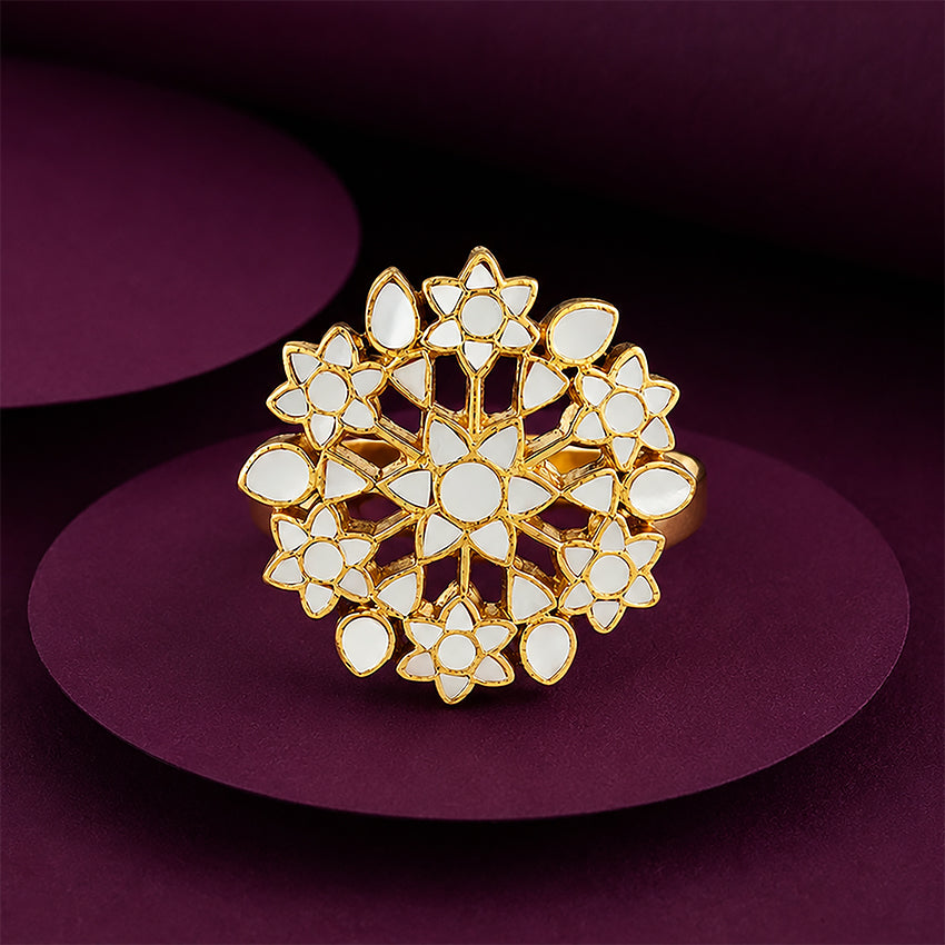 Royal Filigree Marguerite 24K Gold Plated White Enamel Cocktail Ring